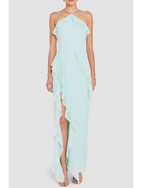 Amanda Uprichard Alessandra Halter Neck Ruffle Trim Gown Dress New!